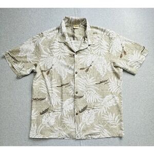 Royal Creations Hawaiian Shirt Mens XL Beige White Canoe Paddle Leaf Print Aloha